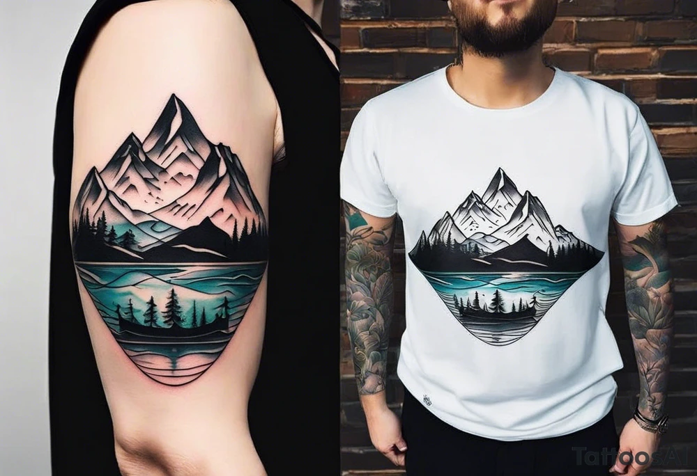 This is a minimalistic tattoo that is split into 2 sections; a top half and a bottom half. The top half is a mountain in Norway with a mountain bike trail winding down the mountain. The bottom half of the tattoo depicts an underwater scene featuring water, and sea life. tattoo idea