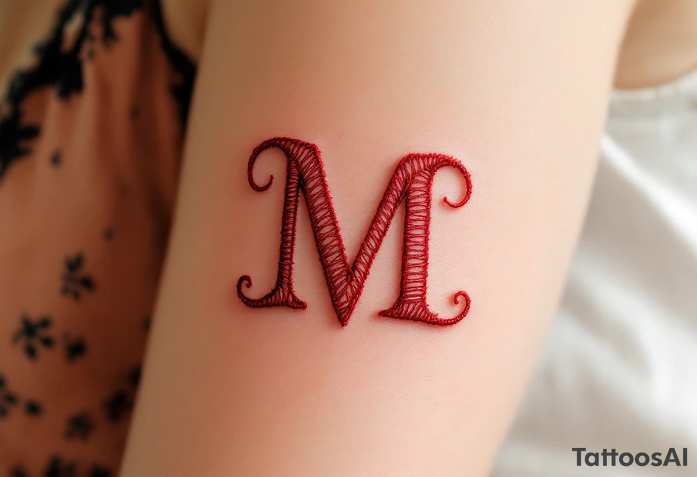 A stitched "M" design in warm beige and thread-red, resembling embroidery. tattoo idea