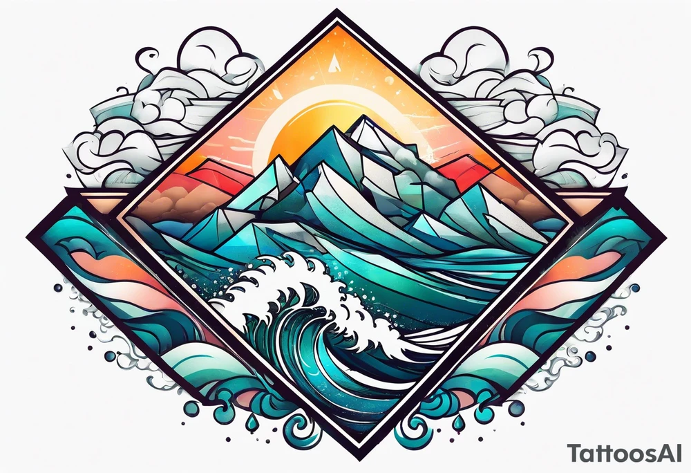 Mountains and big ocean waves  crashing diamond shape half and half tattoo idea