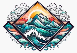 Mountains and big ocean waves  crashing diamond shape half and half tattoo idea