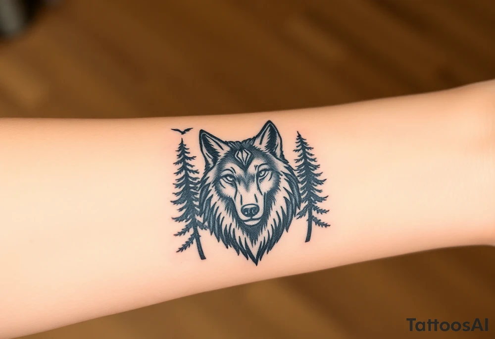 Wolf head surrounded by large pine trees and ravens flying overhead tattoo idea
