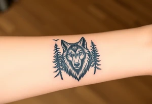 Wolf head surrounded by large pine trees and ravens flying overhead tattoo idea