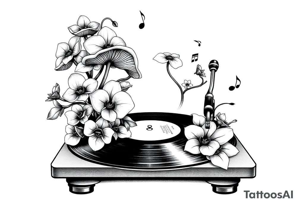 vinyl record player with mushrooms, orchids, and music notes around it tattoo idea