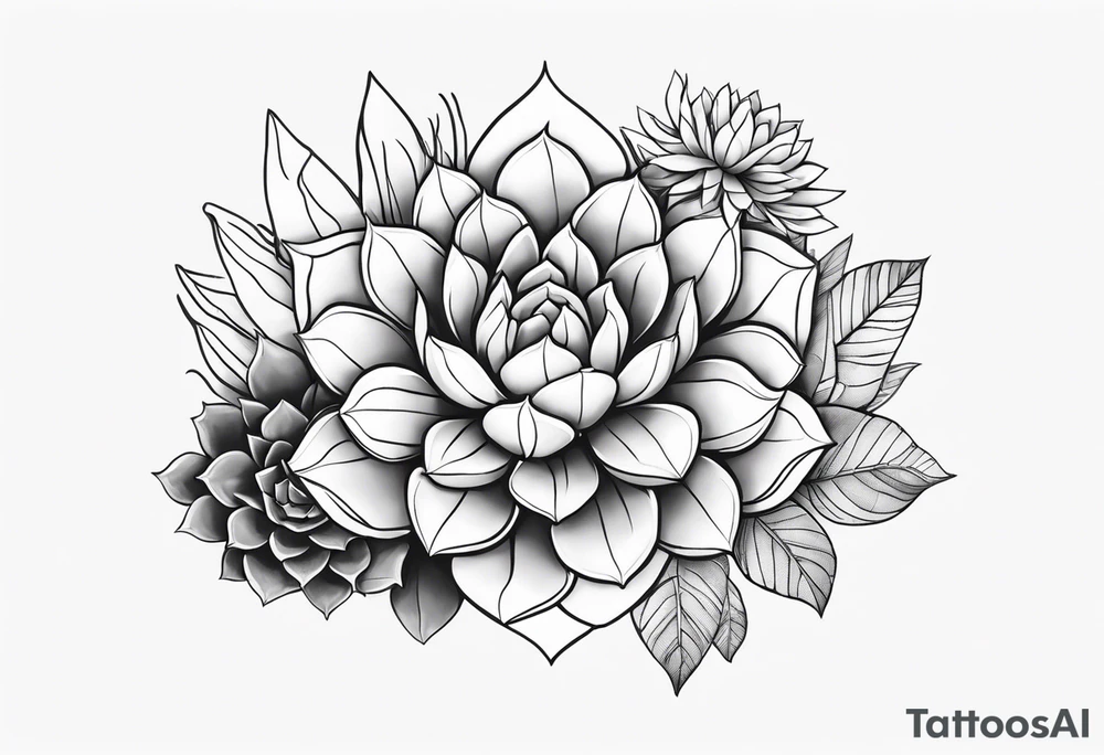 fine line. one big succulent in the middle. Two smaller succulents on the side. Dots and floral
. Sternum tattoo grey scale shading tattoo idea