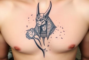 Anubis con armadura rota
Dios chacal Anubis mirando al frente, con armadura egipcia fragmentada y partes del cuerpo convertidas en arena.

Fondo con pirámides en ruinas o el río Nilo seco. tattoo idea
