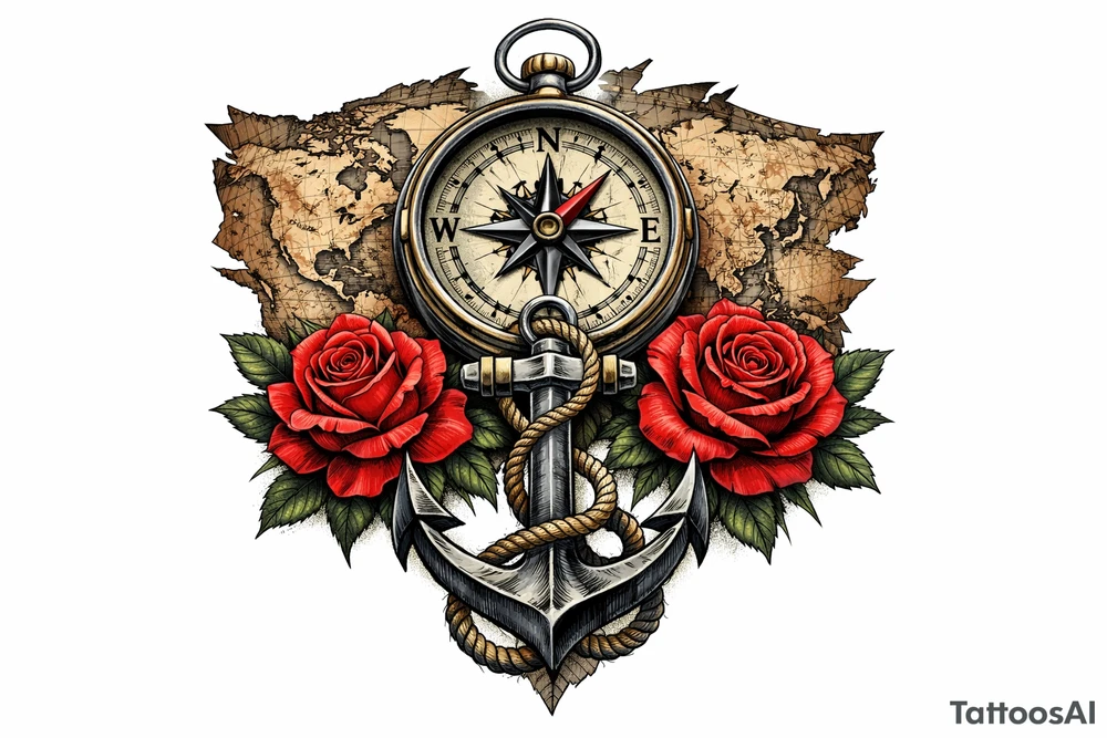 a compass under it an anchor, roses,world map. tattoo idea
