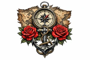 a compass under it an anchor, roses,world map. tattoo idea