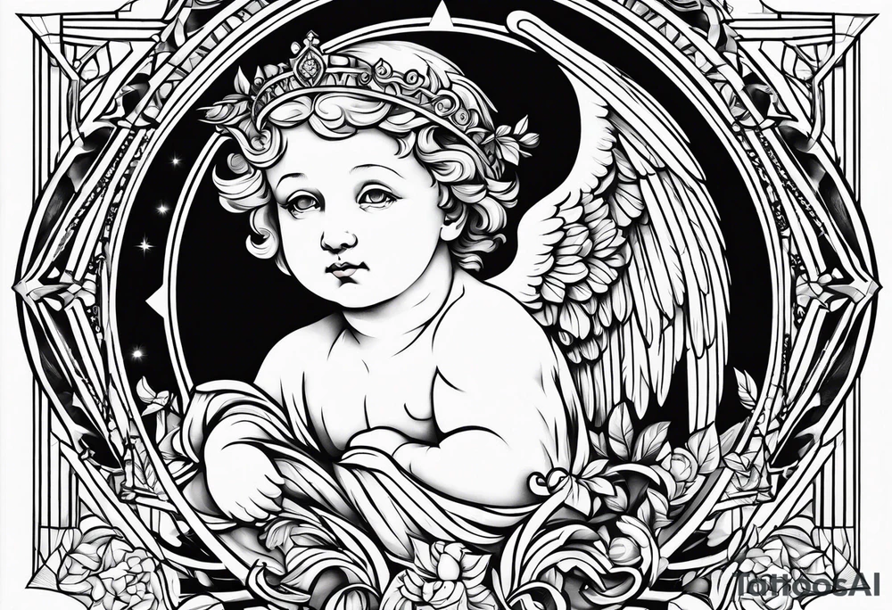 renaissance style cherub geometric tattoo idea
