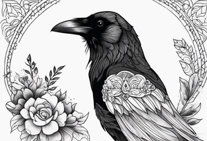 Fantasy raven with flowers tattoo idea
