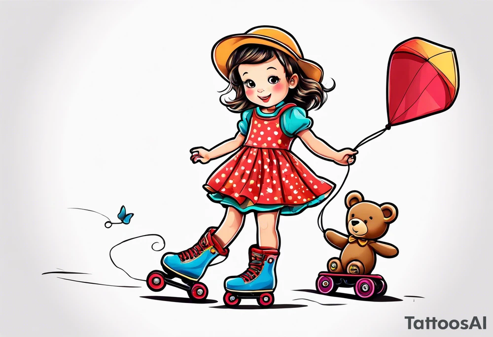 a little girl in a dress standing with a teddy bear in roller skates, flying a kite tattoo idea