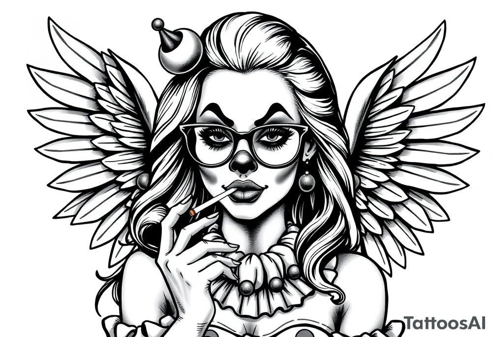 beautiful long hair pin up Clown Girl pays thug eyeglasses  angelic wings smoking a cigarette tattoo idea