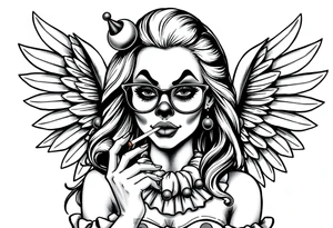 beautiful long hair pin up Clown Girl pays thug eyeglasses  angelic wings smoking a cigarette tattoo idea