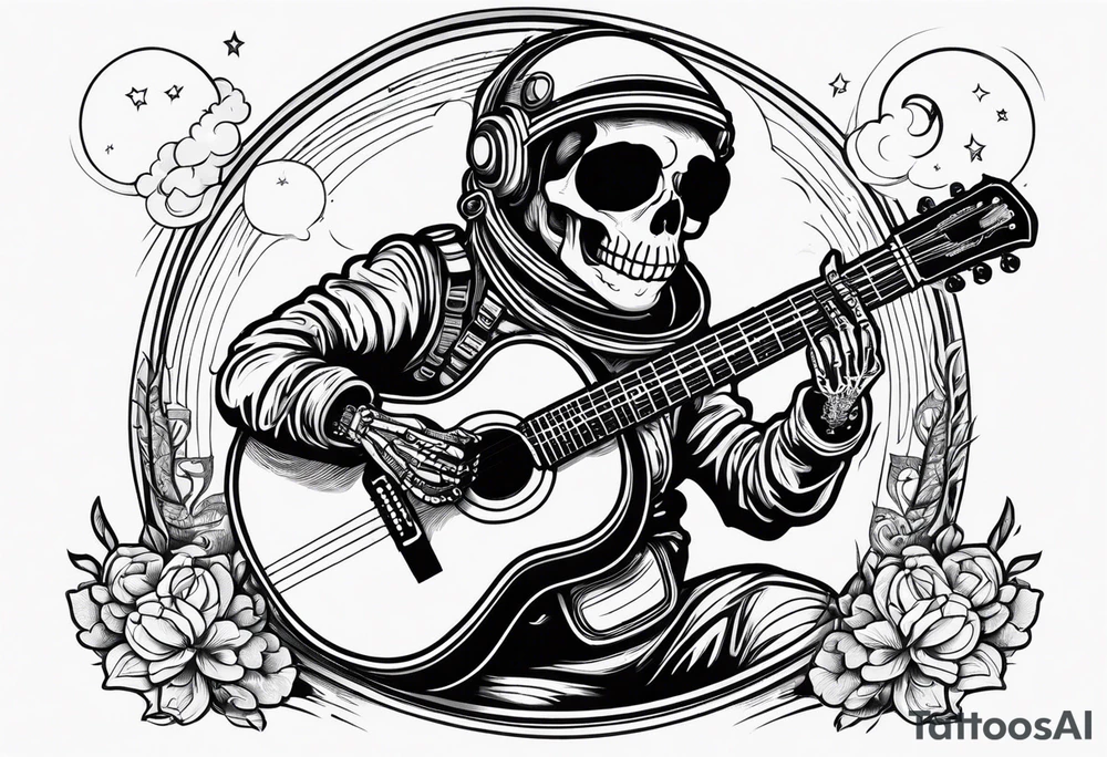 Skeleton astronaut playing acoustic guitar tattoo idea