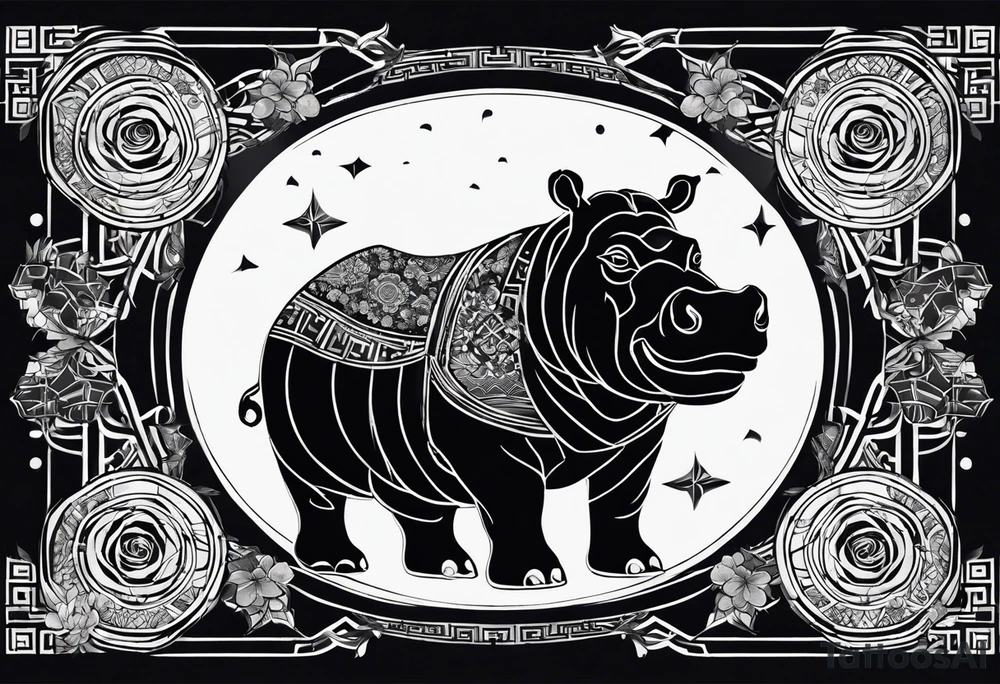 Very asymmetrical, +geometric pattern, with realistic full moon, with serious looking hippo, +zen feel, + Buddhism touch, +tribal, +geometric, +chinese inkart 
with wintersweet flower bud, +portrait orientation, +inkart touch, tattoo idea