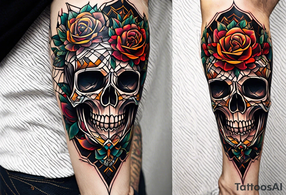 blackwork Knee tattoo in fall colors showing a large skull with a rose in the style tattoo idea