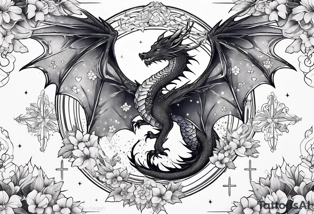 Constellation, wing , snow , cross , dragon female japan kawaii , flower tattoo idea