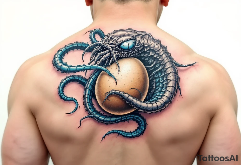 The facehugger curled around an egg, with slimy, translucent tendrils in blue, evoking the creature's parasitic nature. tattoo idea