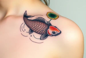 A carp swimming under lily pads, with gentle ripples in the water and a mix of muted greens and golden browns tattoo idea