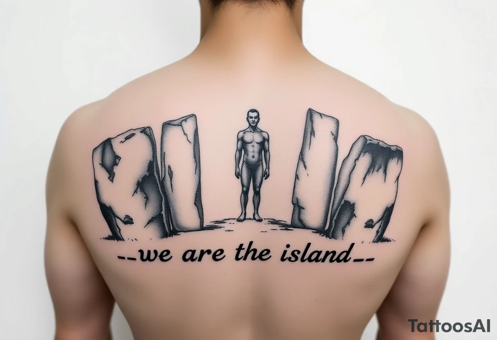 Orkney standing stones with a. Human figure and the words "we are the island, after all" tattoo idea