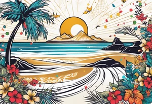 vintage beach dance party with music and confetti, tropical drinks tattoo idea