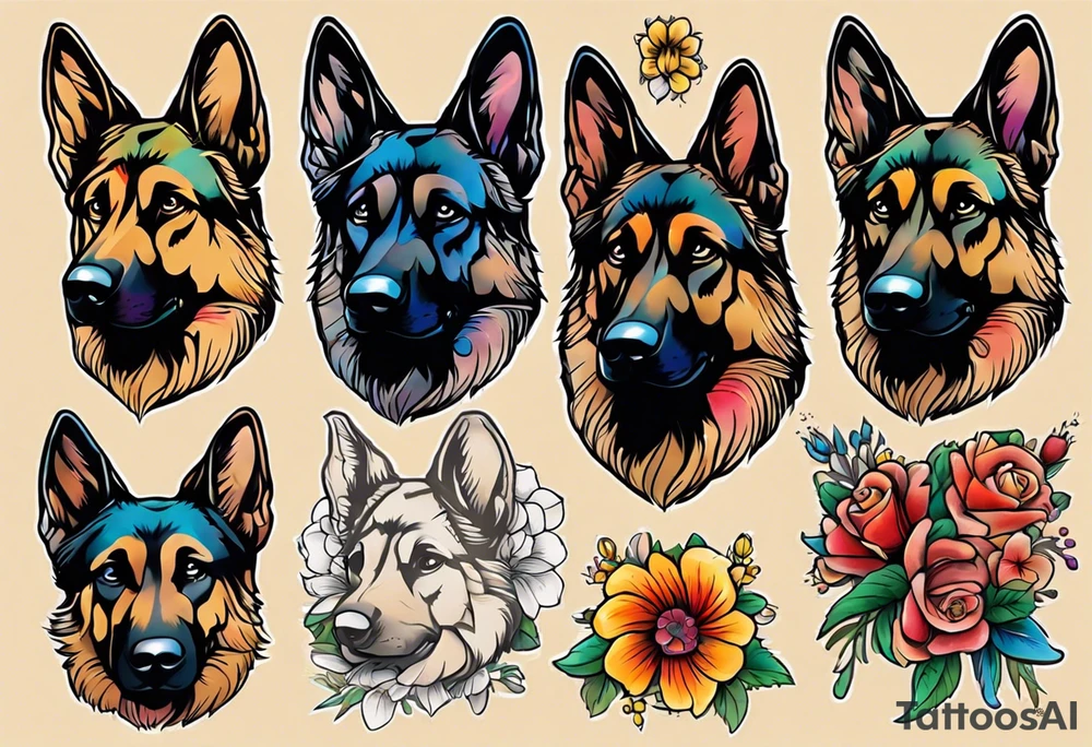 Sable coat German shepherd portrait brightly colored with flowers tattoo idea