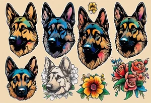 Sable coat German shepherd portrait brightly colored with flowers tattoo idea