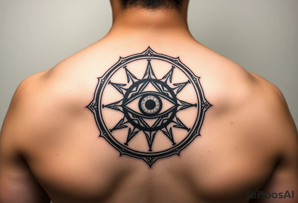 A abundance and protection symbol with an evil eye protection symbol (not an eye) in full color in the center of it.  I’d like it windy very small “so mote it be” with a magic wand  make exactly what I type tattoo idea