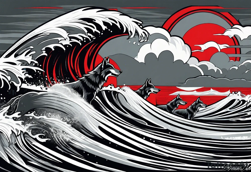 a pack of howling muscular  gray wolves surfing waves with a linear background with red, white and black and gray tattoo idea