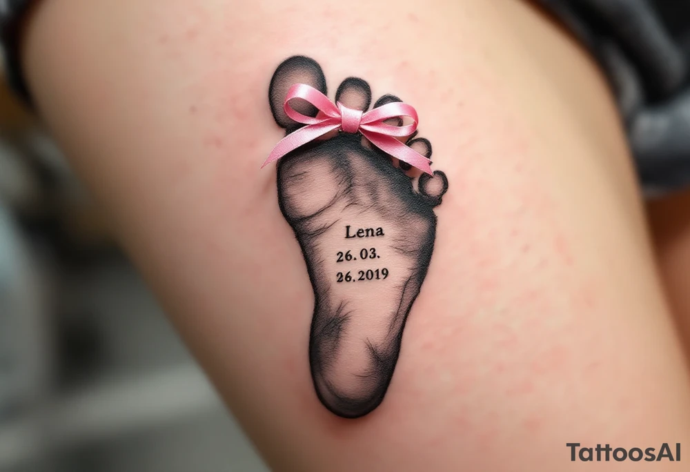 A tiny footprint in soft gray with a pink ribbon tied around it, personalized with a birthdate Lena 26. 03. 2019. tattoo idea