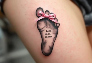 A tiny footprint in soft gray with a pink ribbon tied around it, personalized with a birthdate Lena 26. 03. 2019. tattoo idea