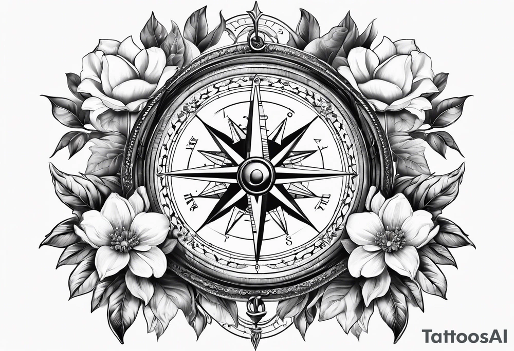 ancient compass with magnolia flowers tattoo idea