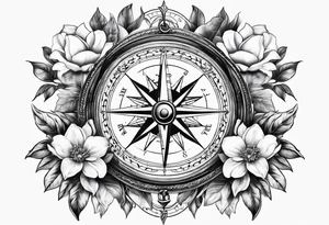 ancient compass with magnolia flowers tattoo idea