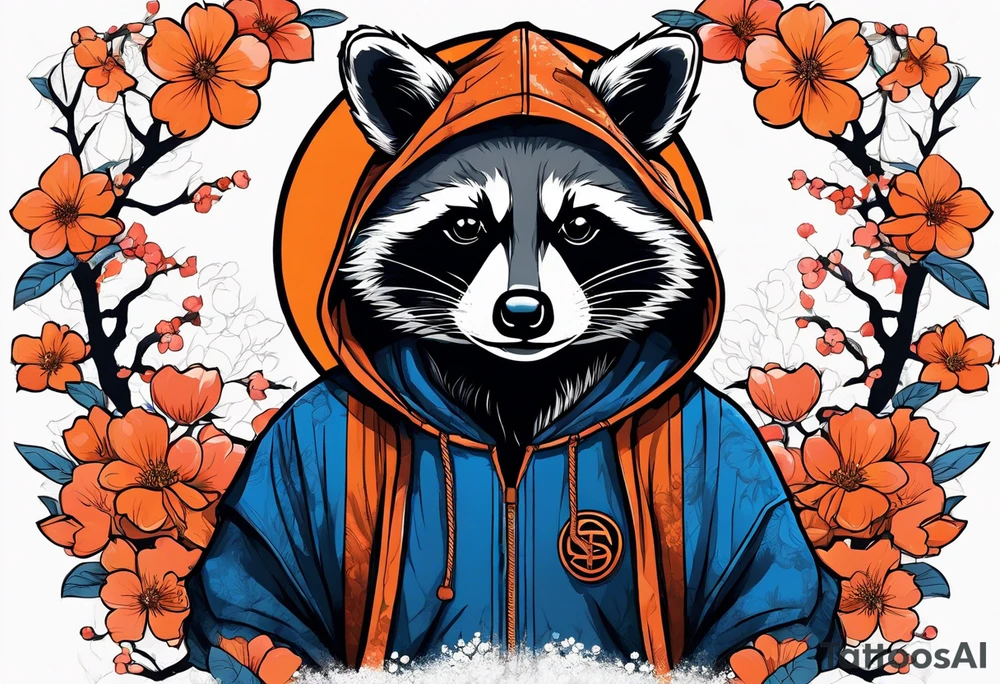 raccoon wearing a Superman hoodie with orange Japanese cherry blossoms tattoo idea