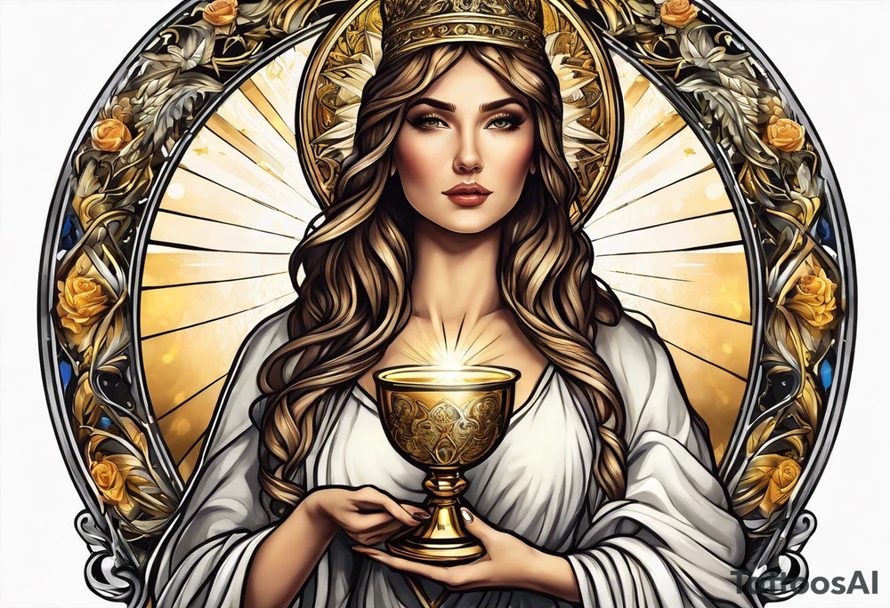 woman saint holding chalice surrounded by golden halo tattoo idea