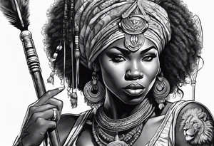 African woman warrior holding spear with deadlocks and earrings. With lion in the background tattoo idea