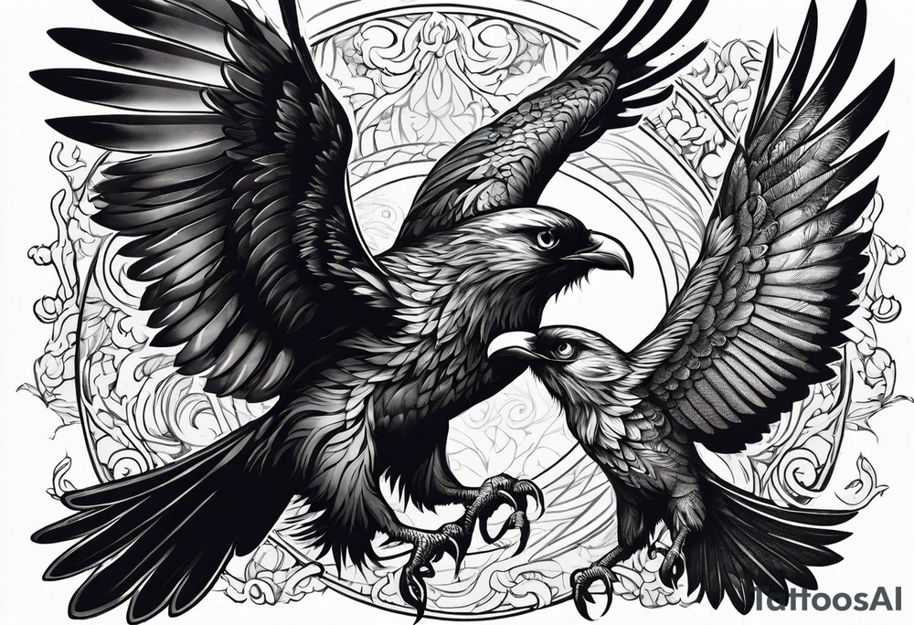 Pheonix and raven fighting with owl flying in at them tattoo idea
