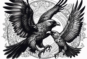Pheonix and raven fighting with owl flying in at them tattoo idea