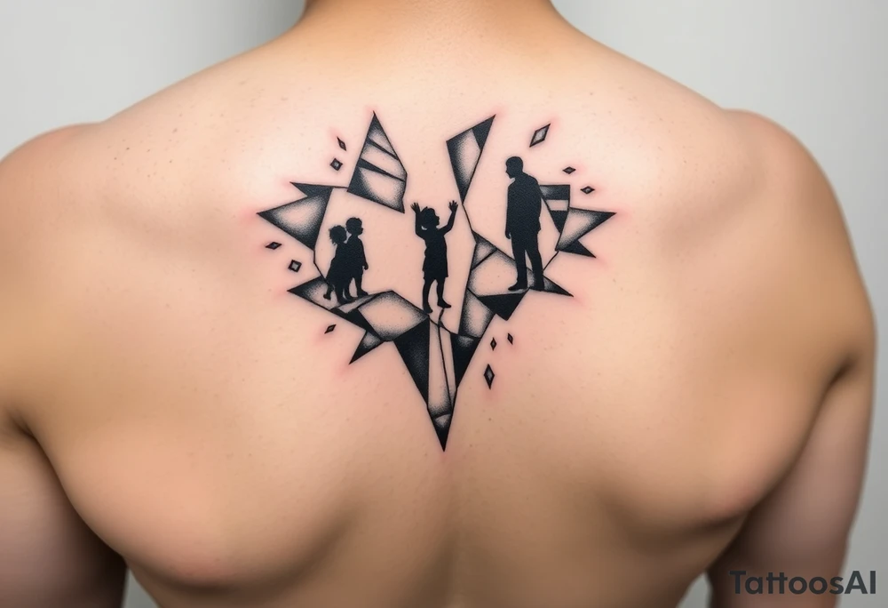 Shattered mirror tattoo design, geometric mirror shards floating, dual reflection showing silhouette of small child reaching upward on one side and strong adult figure on opposite side, fragments create the complete image when viewed together, black ink with geometric patterns, negative space important, upper arm wrap design, abstract symbolic style, transformation theme tattoo idea
