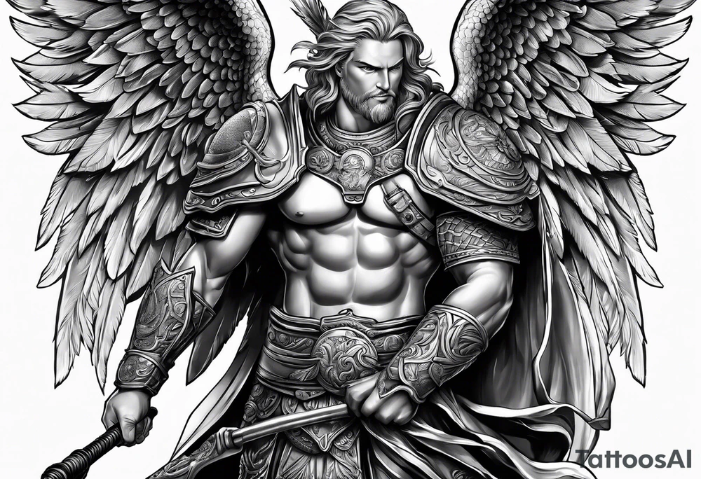 ares figure, angel, fishing rod tattoo idea