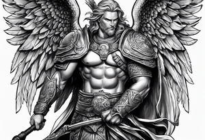 ares figure, angel, fishing rod tattoo idea