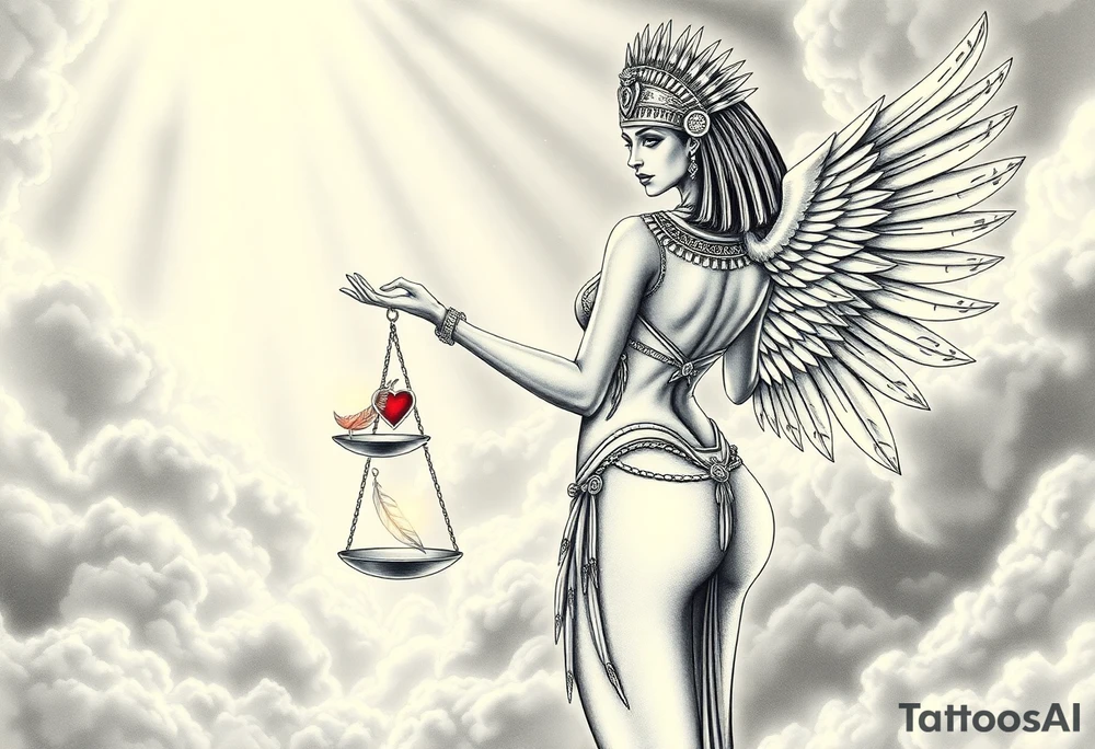 A sensual, curvaceous Egyptian goddess stands with her back slightly turned, accentuating her figure. She wears an elaborate ostrich feather headdress and ornate, intricate ancient Egyptian jewelry draped across her body. Her expression is mysterious and confident. Large, ethereal wings extend from her back, glowing softly.
In one hand, she holds the Scales of Justice: one side holds a radiant, glowing heart; the other, Ma’at’s feather, both pulsing with mystical energy. The scales themselves shimmer with an otherworldly light.
The background is a surreal, heavenly landscape filled with luminous clouds and beams of divine light piercing through, creating dramatic contrasts of deep shadows and highlights. The entire scene is bathed in an ethereal, mystical glow, with a dreamlike, almost supernatural atmosphere. tattoo idea