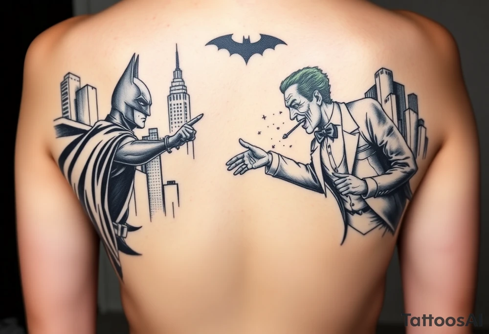 Large format batman and joker fighting in Gotham with buildings tops and bat signal light detailed tattoo idea