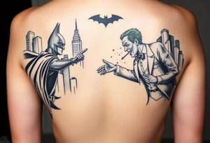 Large format batman and joker fighting in Gotham with buildings tops and bat signal light detailed tattoo idea