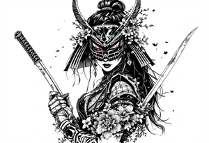 Woman samurai with red eyes wearing an half and broken kitsune mask, holding 
two katana and Sakura flowers ornement
Tatoo is for upper arm tattoo idea