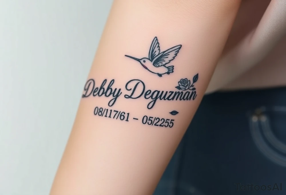 Tattoo of the exact name Debby Deguzman in chunky curly cursive with the exact dates of 08/17/61-05/29/25 surrounded by 1 hummingbird and 1 rose tattoo idea