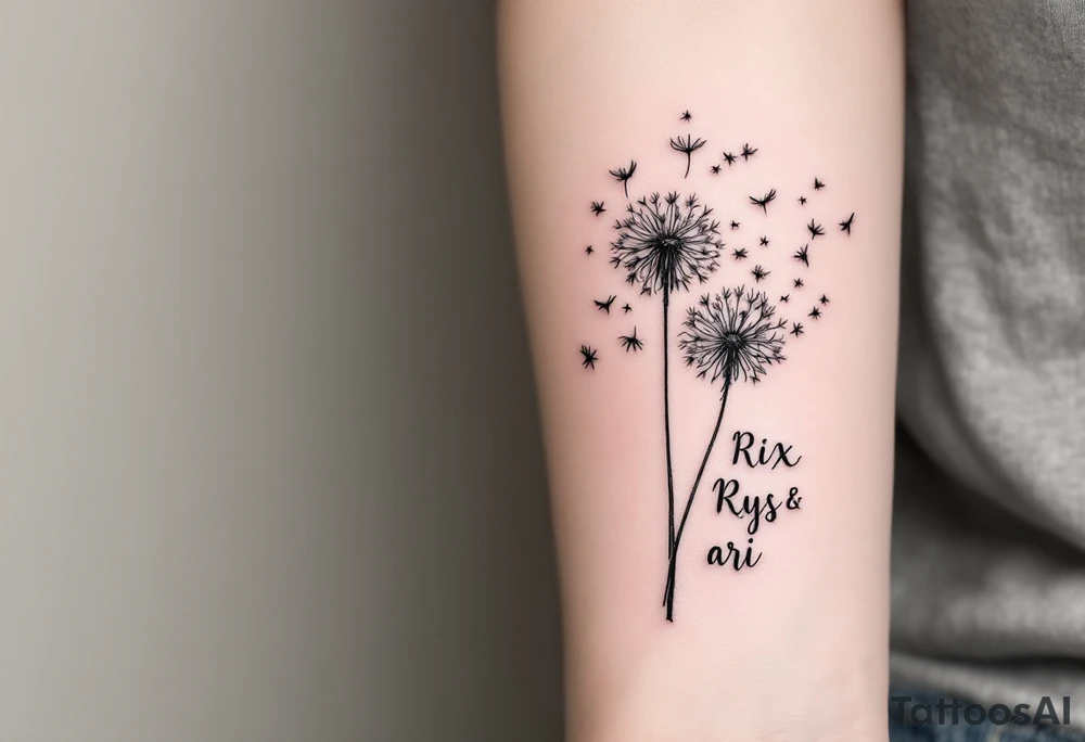 Dandelion flowing to air with these words on stem in cursive (Rix Rys & Ari) long elegant stem with subtle shadowing through drawing in pink hues tattoo idea