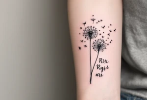 Dandelion flowing to air with these words on stem in cursive (Rix Rys & Ari) long elegant stem with subtle shadowing through drawing in pink hues tattoo idea