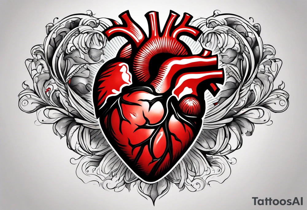 A detailed tattoo design featuring a realistic anatomical heart with a prominent scar running diagonally behind it, symbolizing resilience and healing. Inside the heart, there is an infinity symbol, representing eternal love and strength. To the left of the heart, a radiant sun shines with stylized rays, symbolizing positivity and vitality. To the right of the heart, a crescent moon balances the composition, representing calmness and introspection.

The overall design should be elegant and symbolic, with clean, modern lines, black and gray shading, and subtle textures for depth. The sun and moon should harmonize with the heart while maintaining a balanced and cohesive aesthetic. tattoo idea