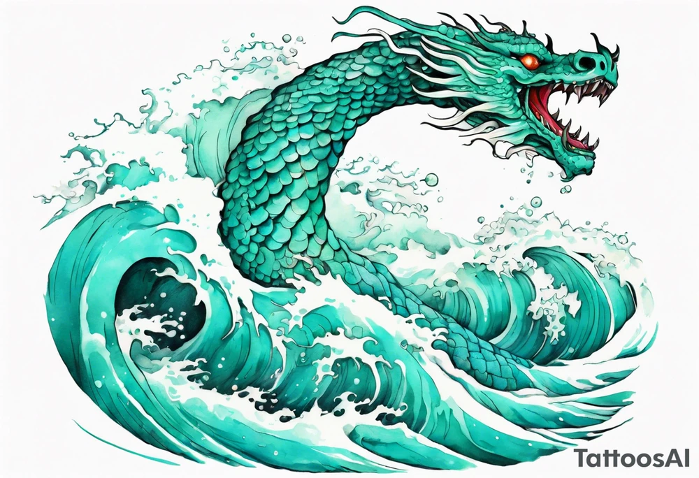 a beautiful turquoise sea serpent emerging from an ocean wave, crashing onto the shore tattoo idea
