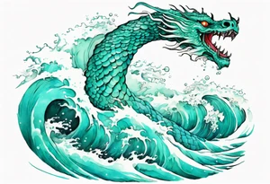 a beautiful turquoise sea serpent emerging from an ocean wave, crashing onto the shore tattoo idea